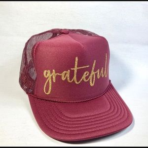 Trucker hat gold glitter grateful on maroon hat